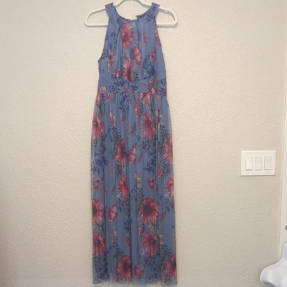 Candalite Petite Dresses & Skirts - Candalite Petite blue pink floral sleeveless fit and flare maxi dress